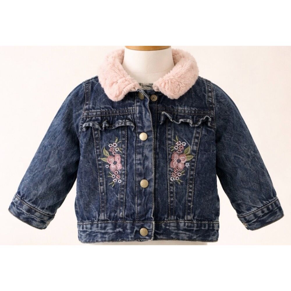 Daisy Fuentes Baby Girl 18M Denim Floral Embroidered Faux Fur Collar Jean Jacket